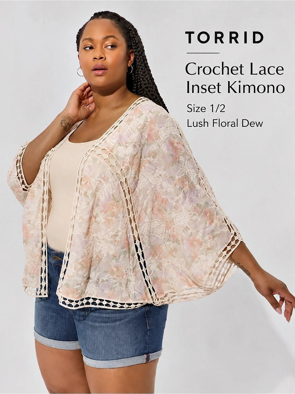 Torrid Crochet Lace Inset Floral Kimono Lush Floral Dew Size 1/2 NWT